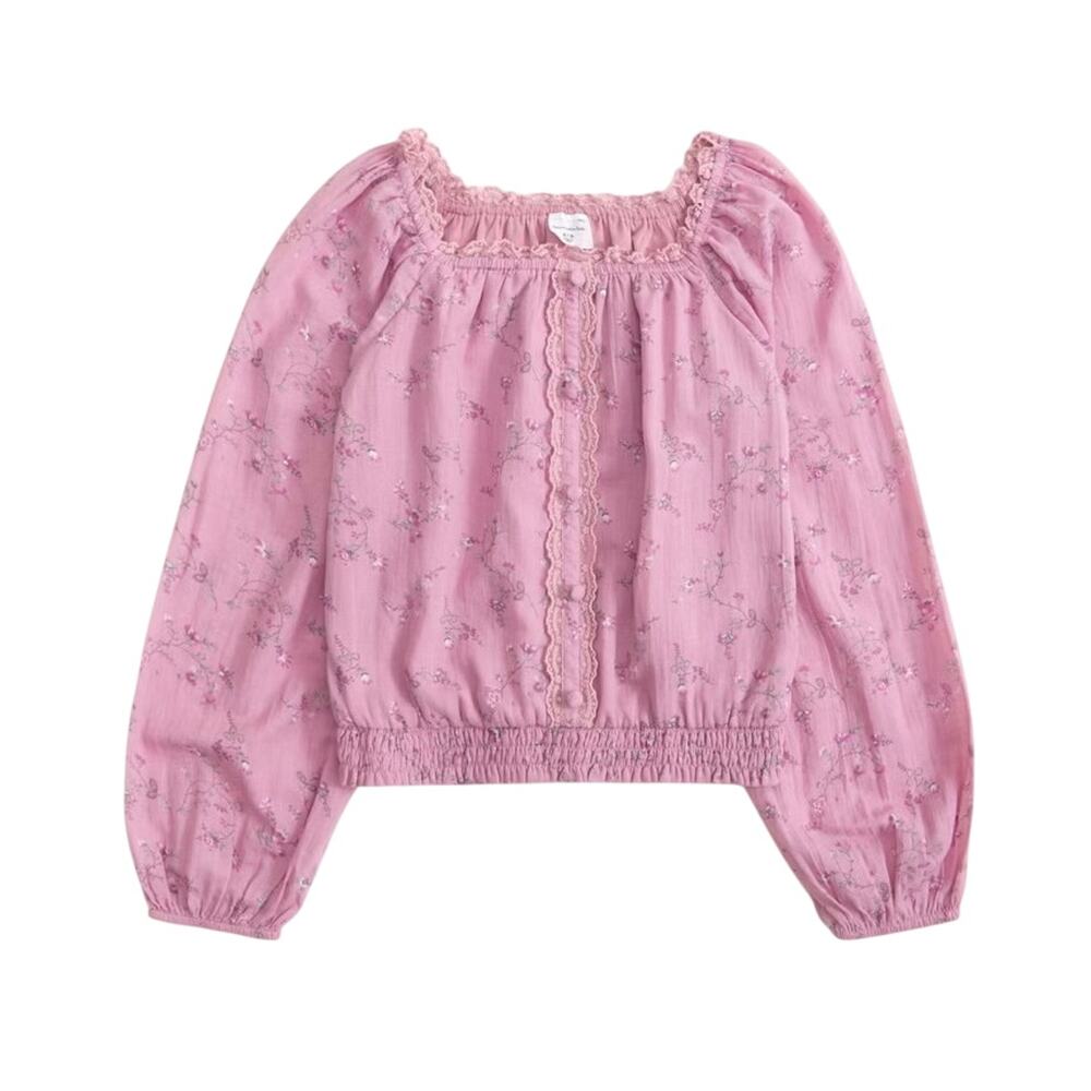 Abercrombie Kids Girls Pink Floral Lace Trim Button Long Sleeve Top Size 7/8